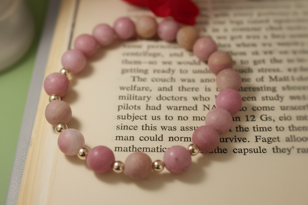 Pink beaded bracelet on an open book