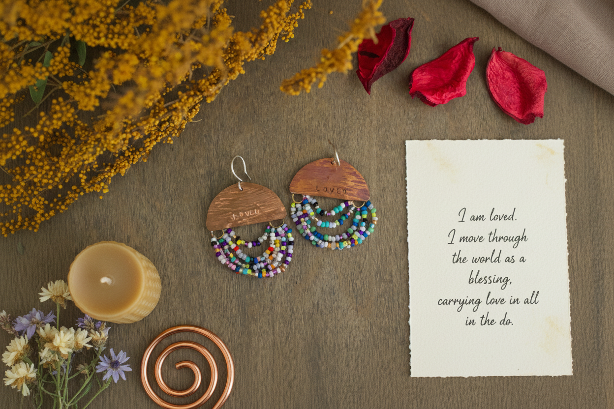 Mini Wordkeeper Earrings Loved by Jewellery by JN in branded packaging with a handwritten affirmation card and ritual props on an earthy background.