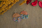 Close-up of Mini Wordkeeper Earrings Loved by Jewellery by JN, highlighting hammered copper, bead soup beadwork, and hand-stamped affirmations.
