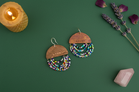 Mini Wordkeeper Earrings Loved by Jewellery by JN, hand-forged copper with bead soup fringe and handmade sterling silver ear wires, shown front-facing.