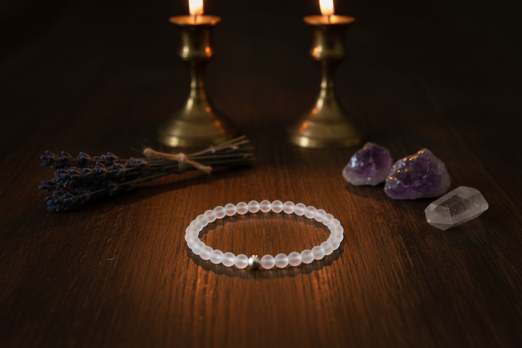 A beaded bracelet made of small translucent white beads with a tiny gold accent, displayed on a dark wooden surface with candles, lavender, and crystals in the background.