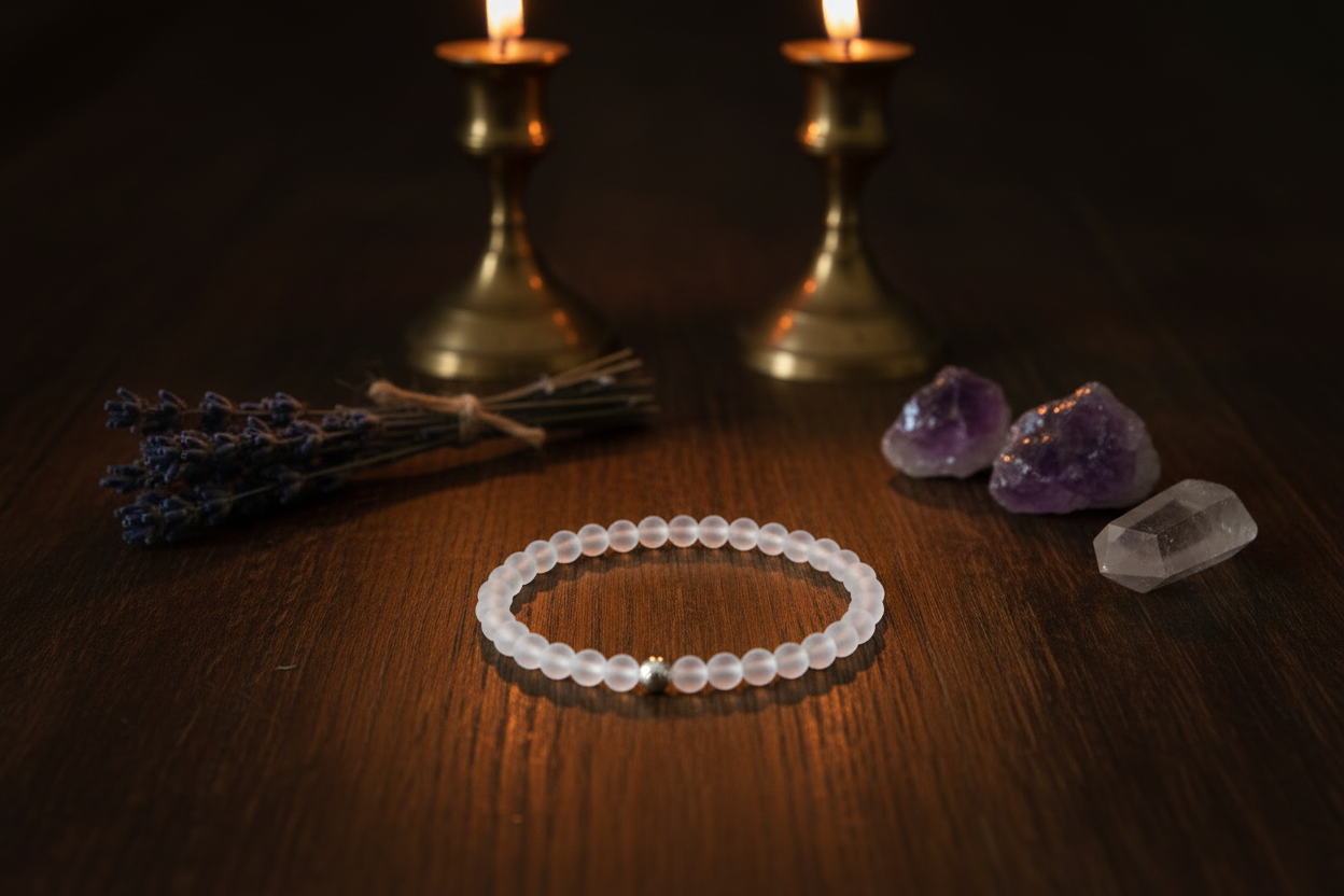 A beaded bracelet made of small translucent white beads with a tiny gold accent, displayed on a dark wooden surface with candles, lavender, and crystals in the background.