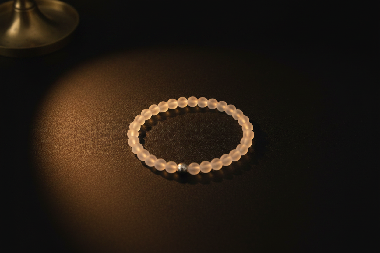A beaded stretch bracelet made of translucent pale pinkish-beige round beads, with a small metallic silver accent bead, displayed on a dark surface under warm spotlighting.