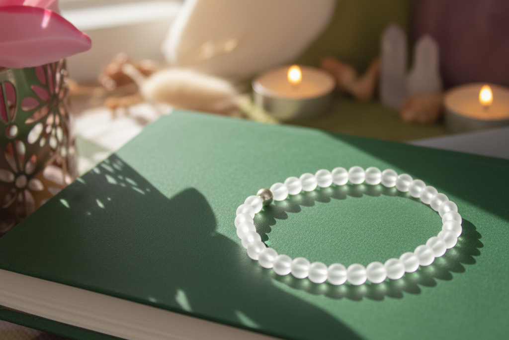 Lumenveil Bracelet styled with ritual props, featuring matte clear quartz, a sterling silver bead, and soft natural light, Jewellery by JN.