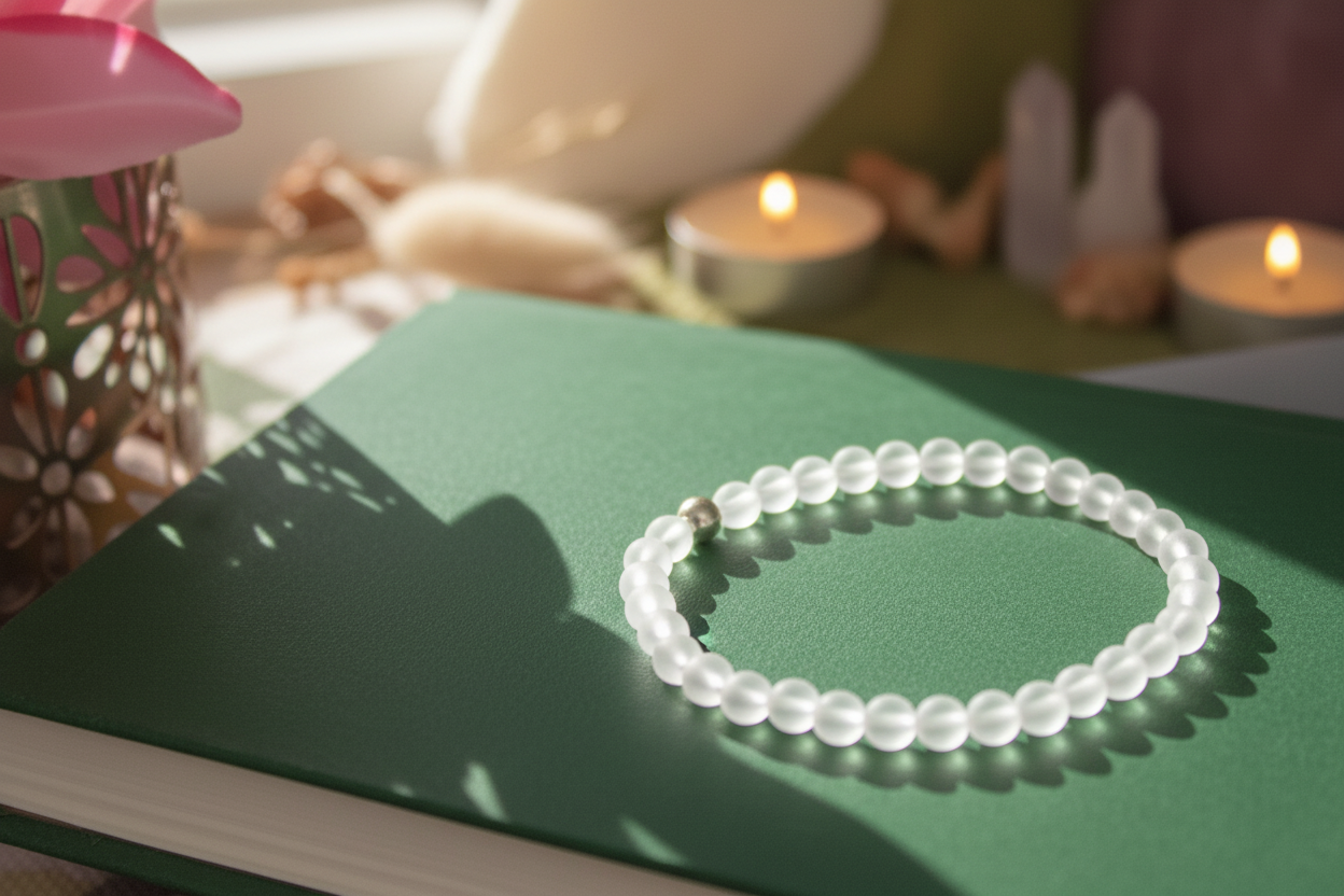 Lumenveil Bracelet styled with ritual props, featuring matte clear quartz, a sterling silver bead, and soft natural light, Jewellery by JN.
