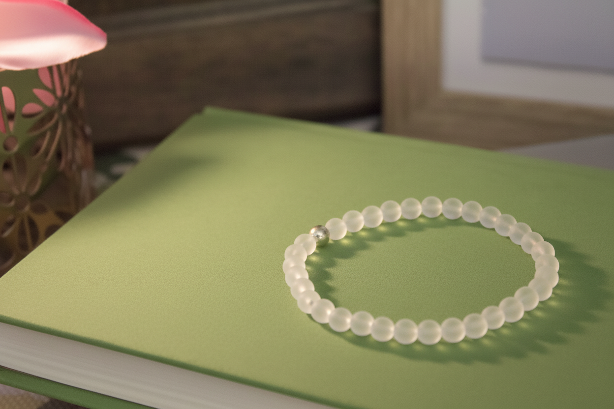 Close-up of Lumenveil Bracelet by Jewellery by JN, highlighting the texture and clarity of matte clear quartz and the sterling silver bead.