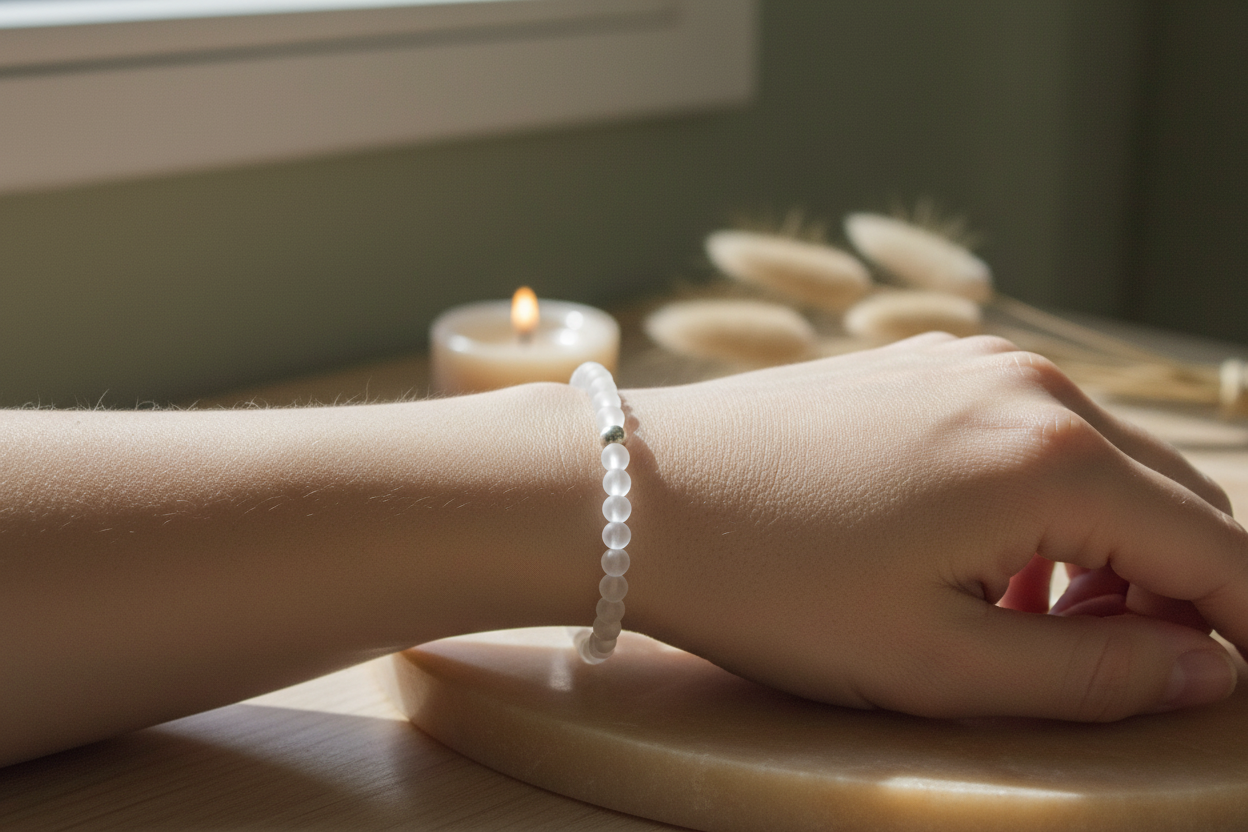 Woman’s wrist wearing the Lumenveil Bracelet by Jewellery by JN, with matte clear quartz beads and a silver accent bead.