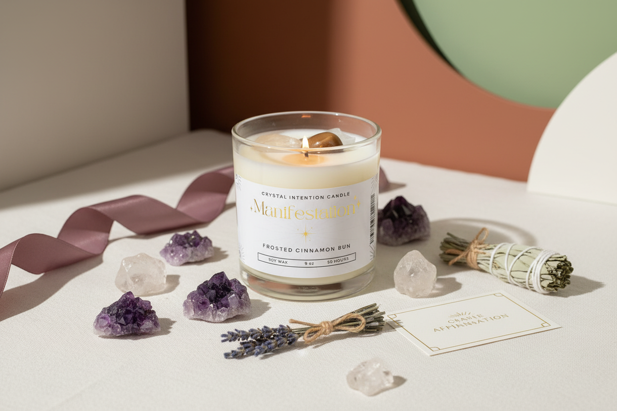 Manifestation Intention Candle by Jewellery by JN, hand-poured candle with Clear Quartz and Tiger's Eye crystals, sage, and silver and gold shimmer, displayed on creamy linen with ritual props.