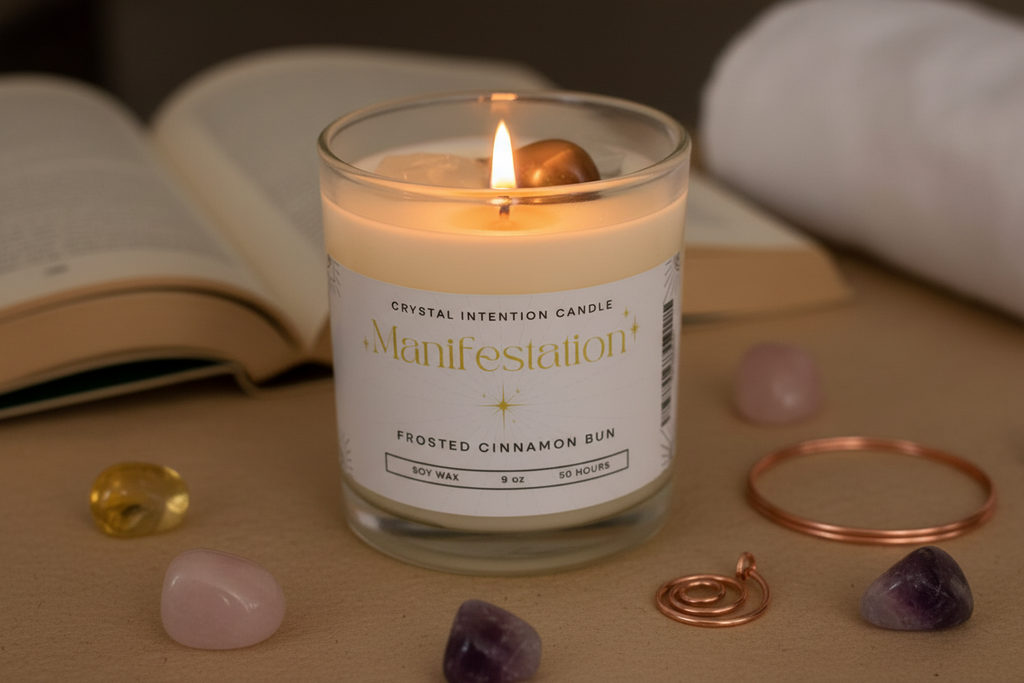 Manifestation Intention Candle by Jewellery by JN, lit with glowing flame, showing Clear Quartz and Tiger's Eye crystals and golden shimmer in wax.