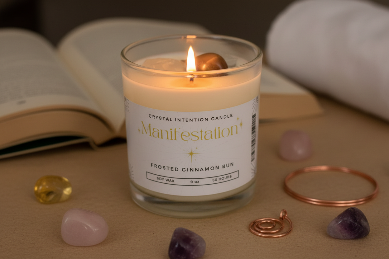 Manifestation Intention Candle by Jewellery by JN, lit with glowing flame, showing Clear Quartz and Tiger's Eye crystals and golden shimmer in wax.