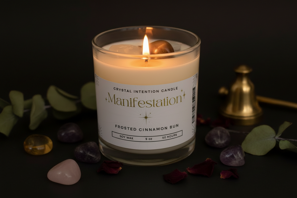 A lit candle in a clear glass jar with a white label reading 'Manifestation' and 'Frosted Cinnamon Bun,' styled on a dark surface with crystals, green leaves, and a brass bell.