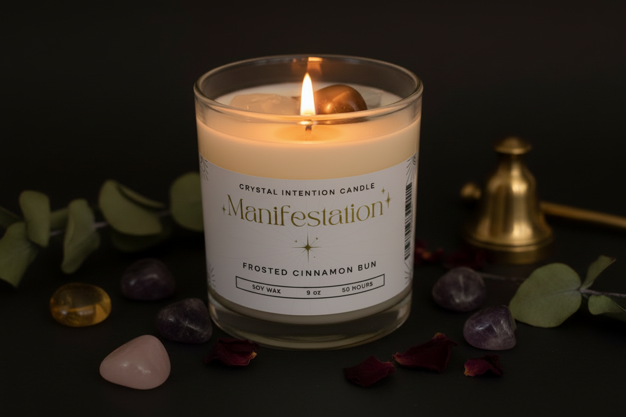 A lit candle in a clear glass jar with a white label reading 'Manifestation' and 'Frosted Cinnamon Bun,' styled on a dark surface with crystals, green leaves, and a brass bell.