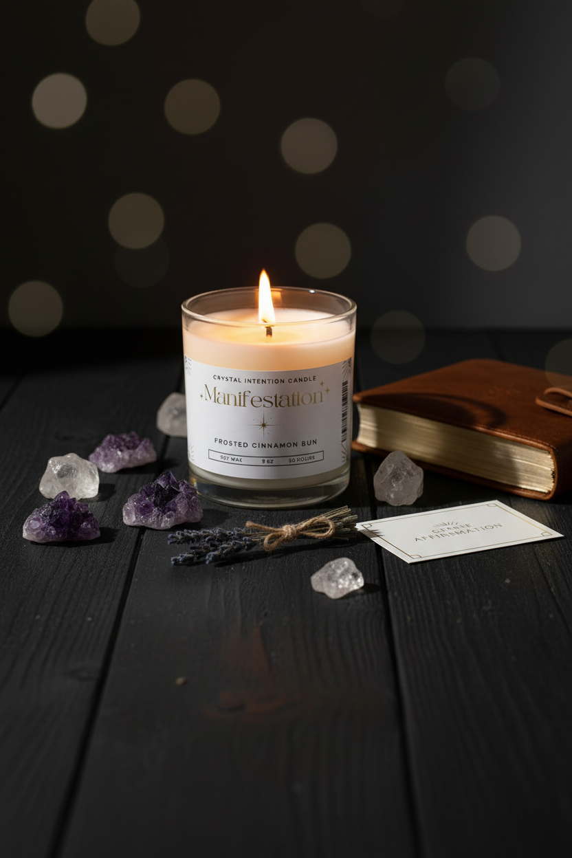 A lit candle in a clear glass jar with a white label reading Manifesticly, styled on a dark wooden surface with crystals, a brown journal, and a small card against a dark background with soft gold bokeh.