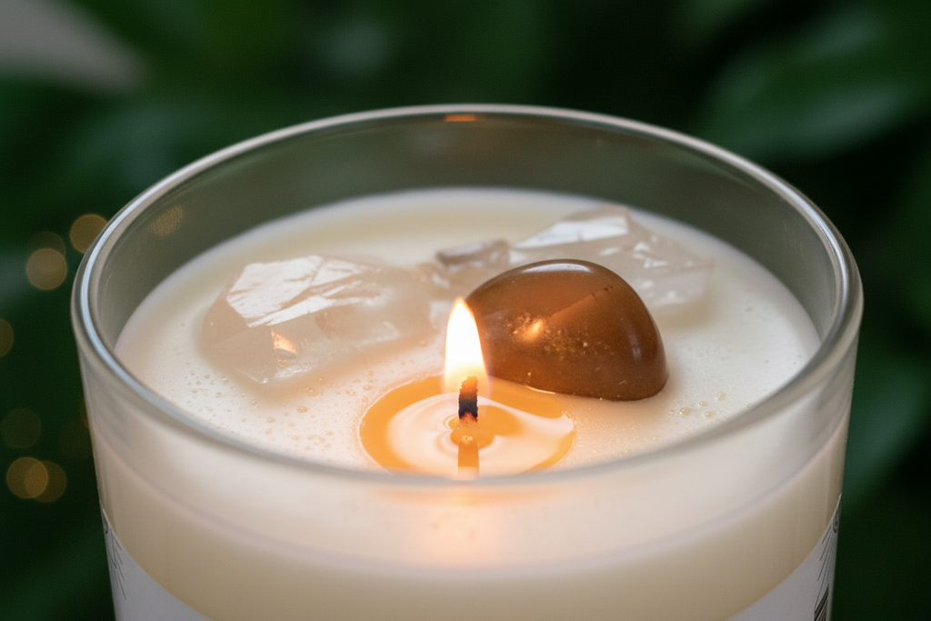 Close-up of Manifestation Intention Candle by Jewellery by JN, highlighting Clear Quartz, Tiger's Eye, sage, and silver and gold glitter.