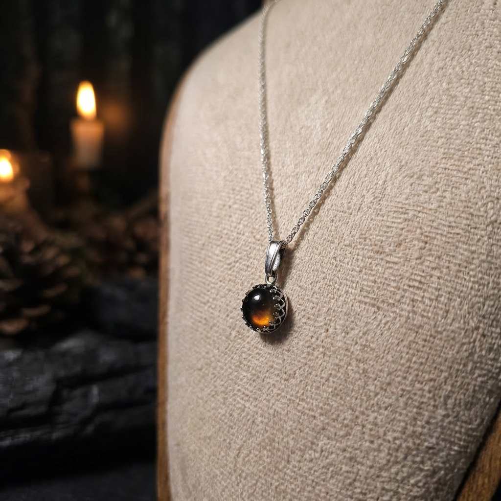 Necklace with a pendant on a mannequin bust against a dark background with candles.