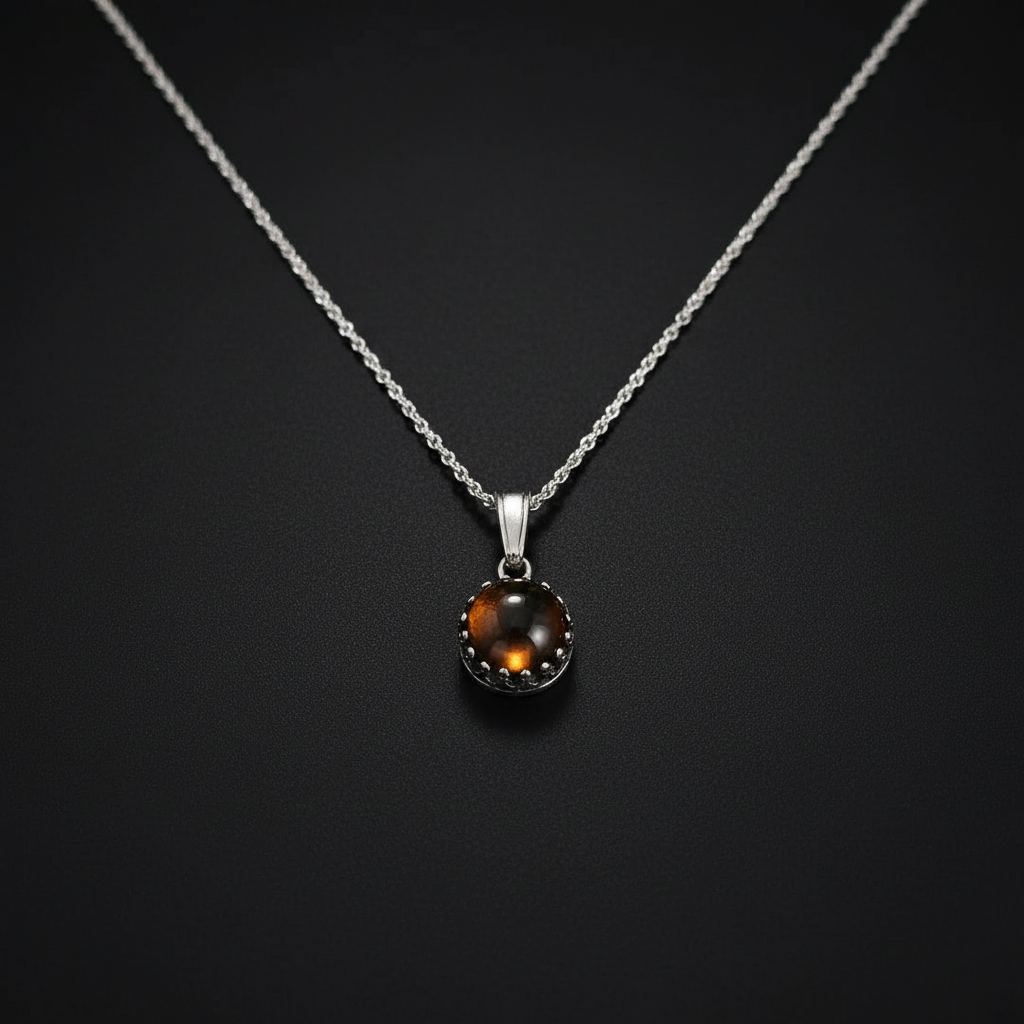 A silver chain necklace with a round pendant featuring a dark brown tiger's eye stone in a silver bezel setting, displayed against a dark textured background.
