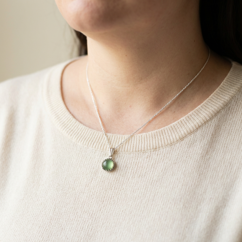 Person wearing a necklace with a green pendant on a plain background