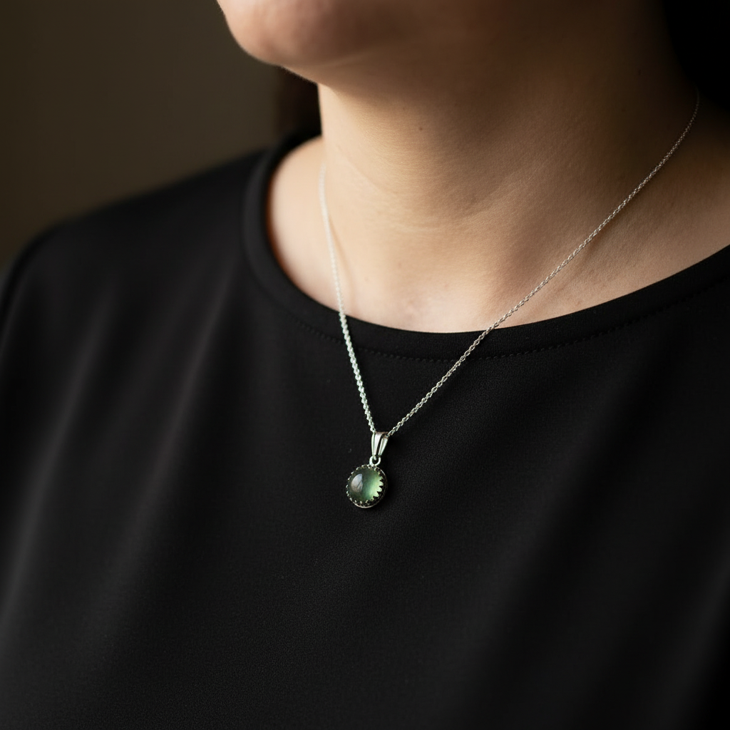 A close-up of a person wearing a delicate silver chain necklace with a round green pendant, styled with a black top.