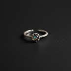 A silver adjustable ring featuring a central oval-cut iridescent stone with blue and green flashes, set on a textured dark background.