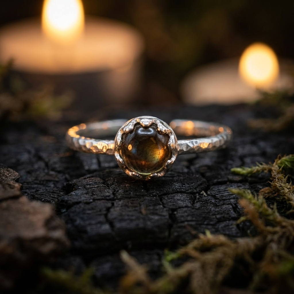 Silver ring with a central gemstone on a textured surface with blurred candles in the background