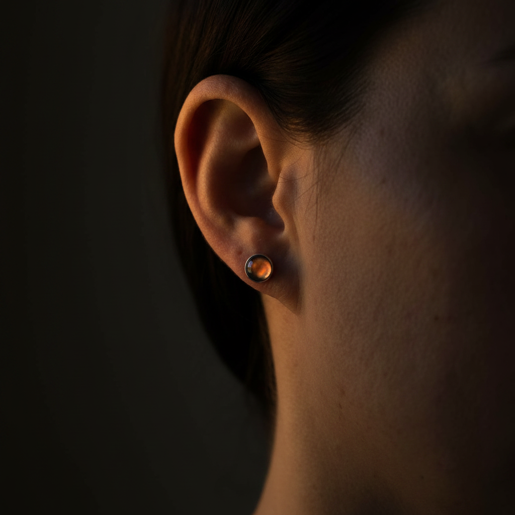 A close-up side profile of a person's ear wearing a small round stud earring with a dark metallic setting and a warm amber-orange center stone, set against a dark background.