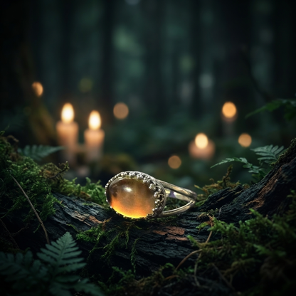 Ring with a glowing stone on a mossy log in a forest setting