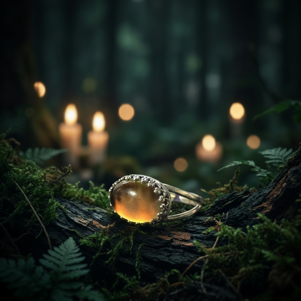 A silver-toned ring with an oval amber-yellow cabochon stone rests on a mossy log in a dark forest setting with blurred candles in the background.