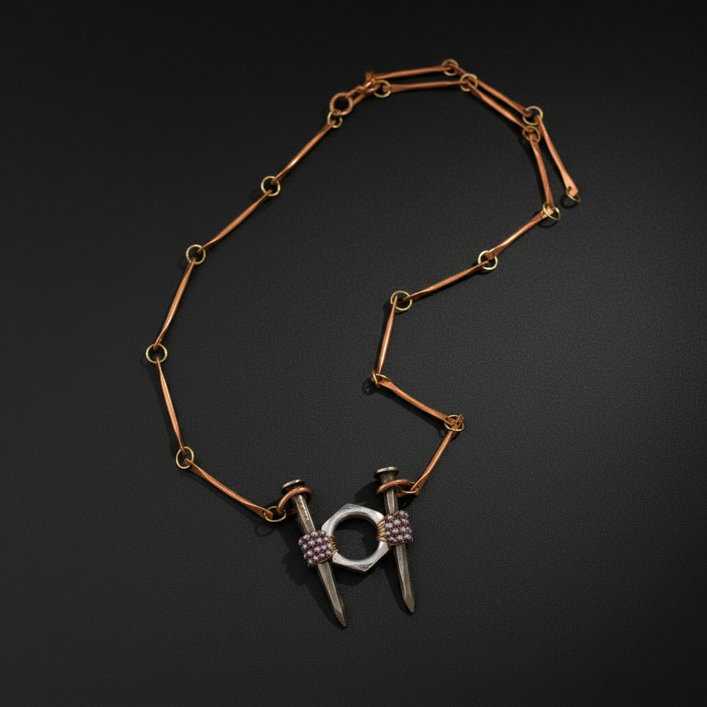 A unique jewelry piece featuring a copper-toned chain with circular and linear links, terminating in two silver-toned spikes resembling nails, each wrapped with a textured purple band and connected by a silver-toned ring.