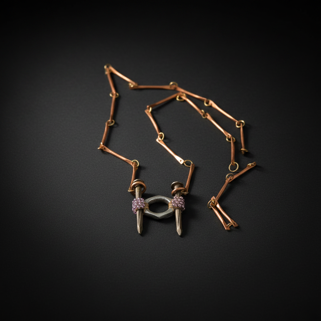 A unique geometric necklace featuring a series of interlocking metal links in a warm copper or rose-gold tone, with a central pendant composed of two silver-toned spikes wrapped in a purple textured band, all displayed on a dark black background.