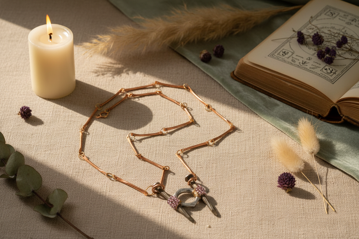 Industrial Grace Necklace styled with ritual props, featuring upcycled metals, glass beads, and soulful light, Jewellery by JN.