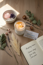 New Beginnings Intention Candle by Jewellery by JN styled with journal, affirmation card, dried flowers, and ritual objects on earthy background.