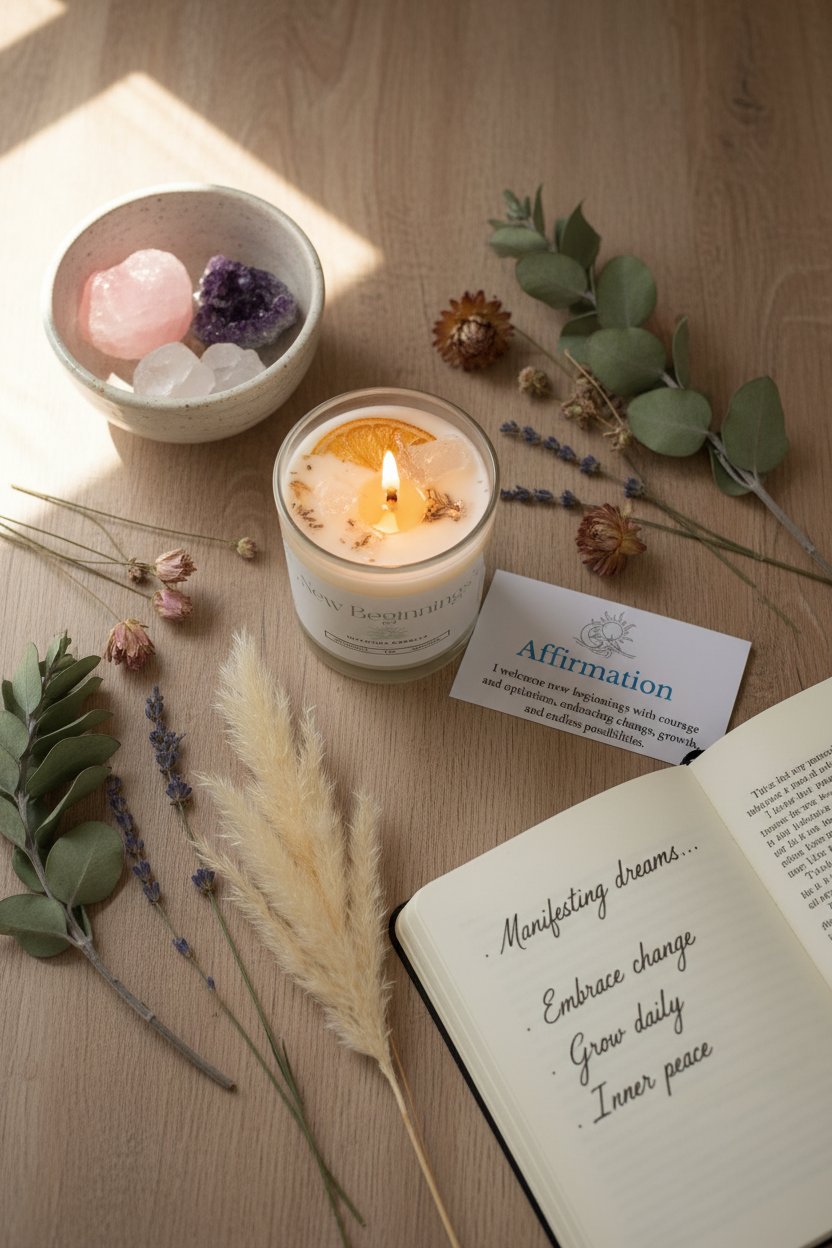 New Beginnings Intention Candle by Jewellery by JN styled with journal, affirmation card, dried flowers, and ritual objects on earthy background.