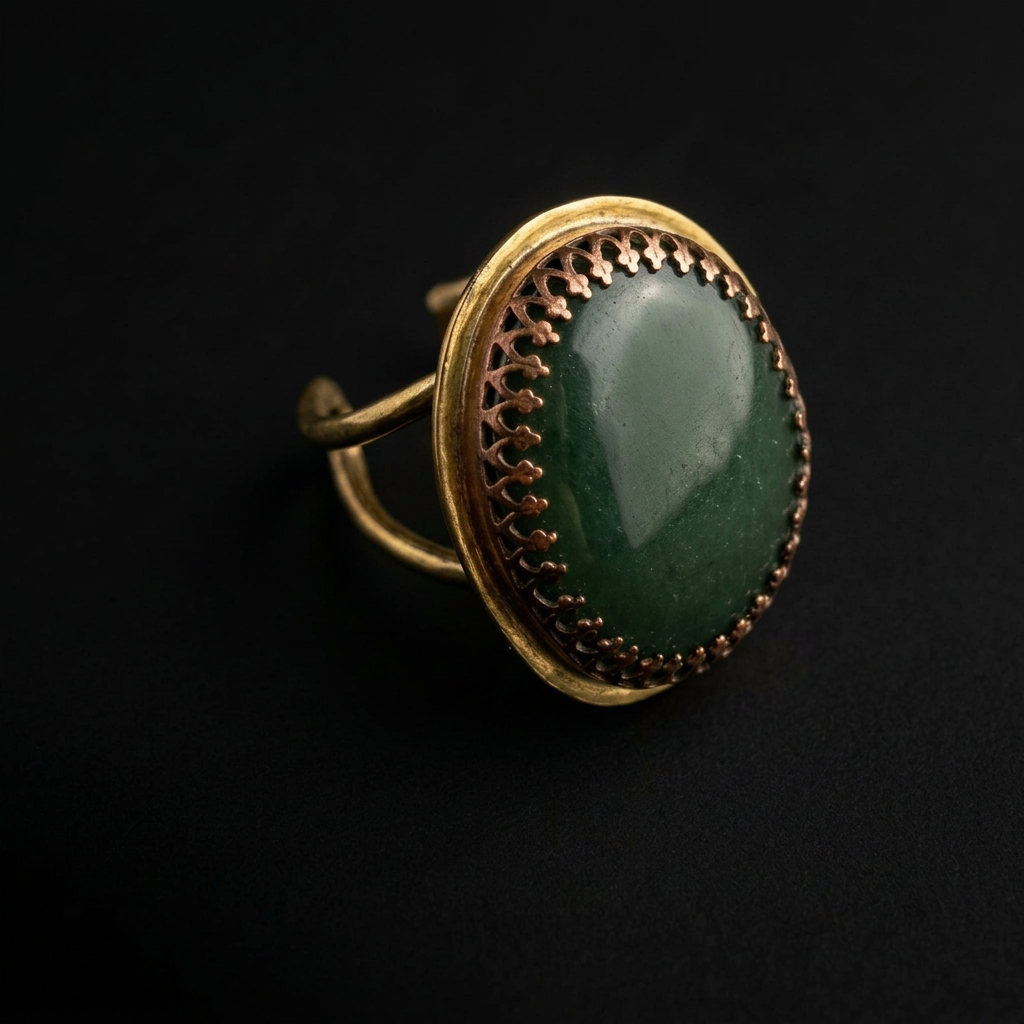 A vintage-style ring featuring a large oval green cabochon stone in a textured bronze bezel setting with a gold-toned shank, photographed on a dark black background.