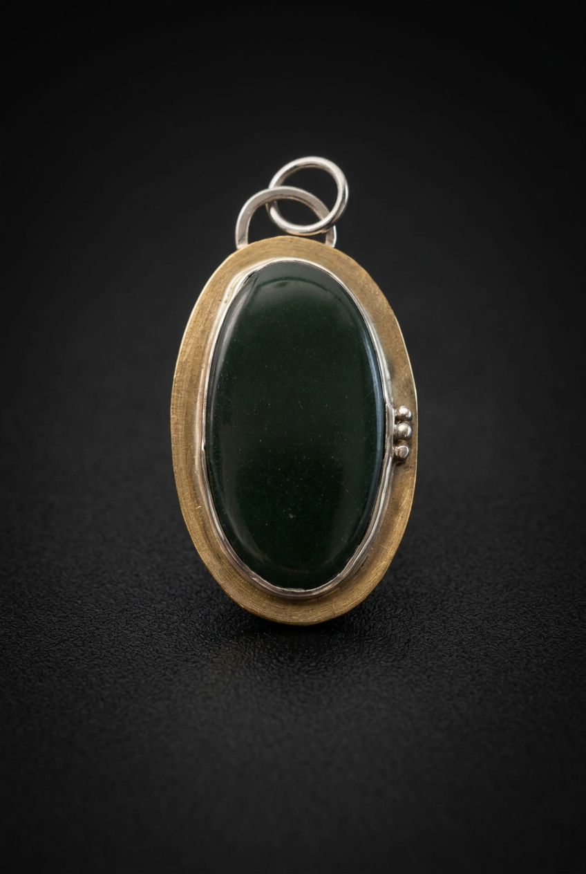Handcrafted oval green aventurine pendant featuring a smooth cabochon gemstone set in a patinated brass bezel frame with silver accent beads and top bail loop resting on a dark moody surface.