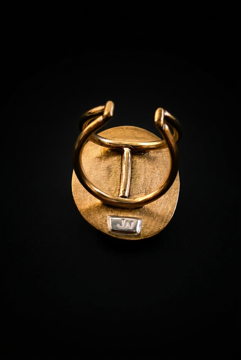 A gold-toned open cuff ring with a circular disc element and a small silver-toned rectangular mark, photographed on a solid black background.