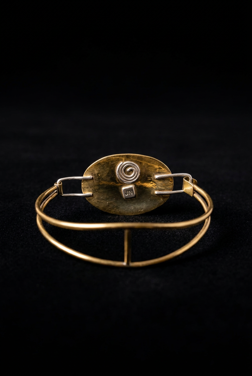 Inside back view of a handcrafted mixed-metal oval bangle bracelet showcasing the patinated brass backplate, stamped maker's mark, and silver clasp wire connections on a dark background.