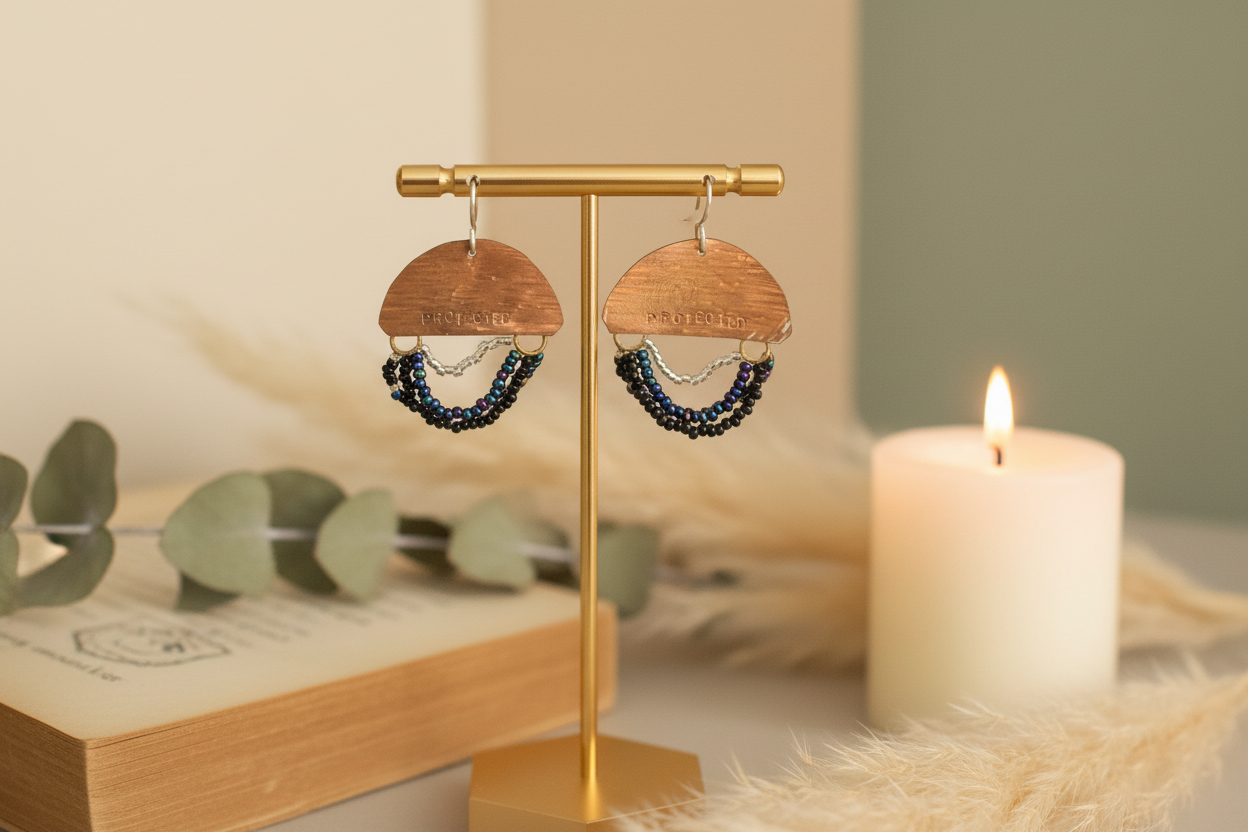 Mini Wordkeeper Earrings Protected styled with ritual props, featuring copper, black, multicolour, and silver seed beads, and sterling silver, Jewellery by JN.