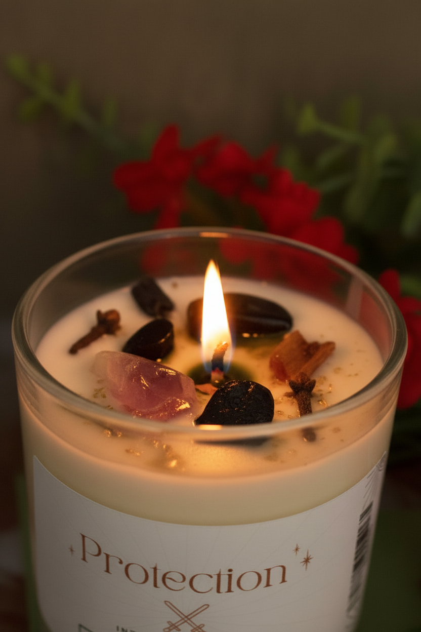 Protection Intention Candle by Jewellery by JN, lit with glowing flame, showing crystals and botanicals embedded in wax with gold glitter swirls