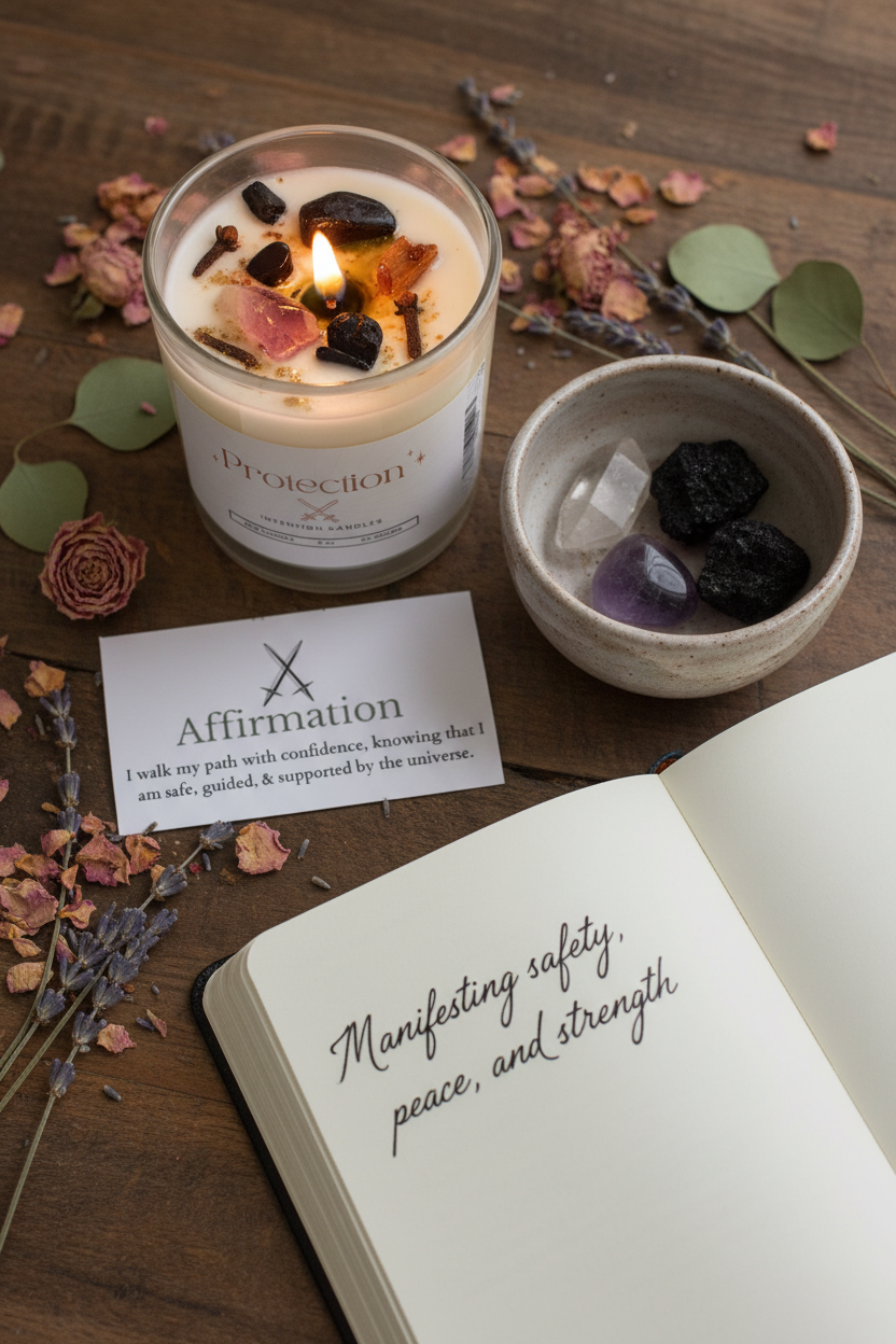 Protection Intention Candle by Jewellery by JN styled with journal, affirmation card, dried flowers, and ritual objects on earthy background
