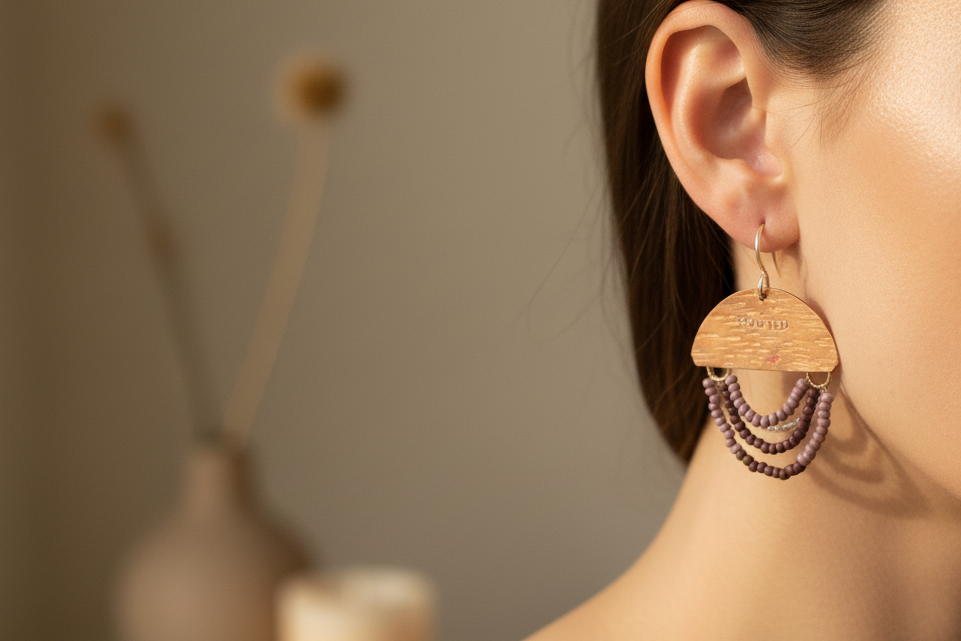 Woman wearing Mini Wordkeeper Earrings Rooted by Jewellery by JN, showing copper, earthy bead fringe, and silver ear wires.