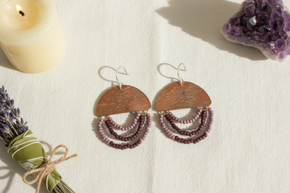 Mini Wordkeeper Earrings Rooted by Jewellery by JN, hand-forged copper with matte copper, coffee, and silver seed bead fringe and handmade sterling silver ear wires, shown front-facing.
