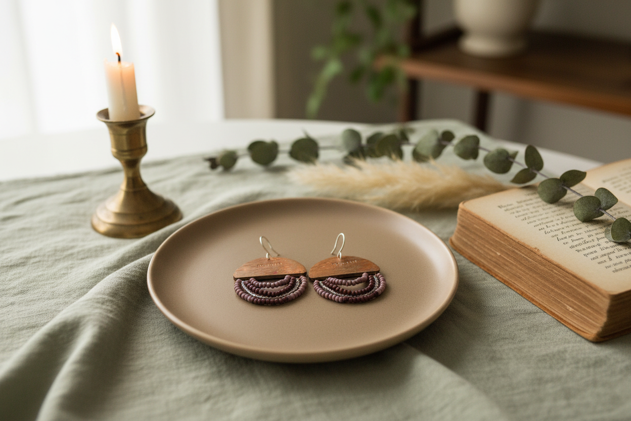 Mini Wordkeeper Earrings Rooted styled with ritual props, featuring copper, earthy seed beads, and sterling silver, Jewellery by JN
