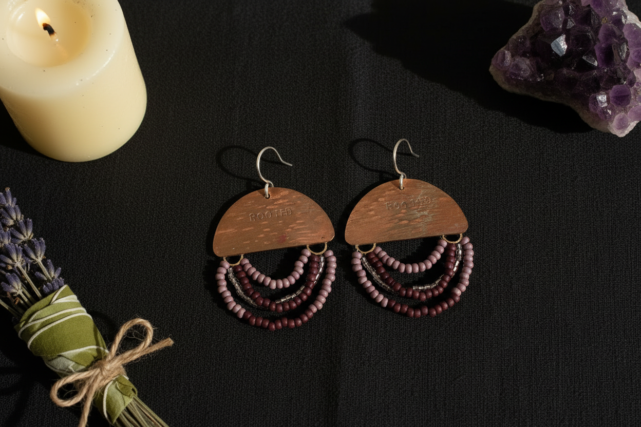 A pair of handmade dangle earrings displayed on a black fabric background with decorative props, including a lit cream candle, lavender, and a purple amethyst cluster. The earrings feature a semi-circular wooden top piece with the word 'COTOPAXI' engraved, and three cascading strands of small maroon beads.