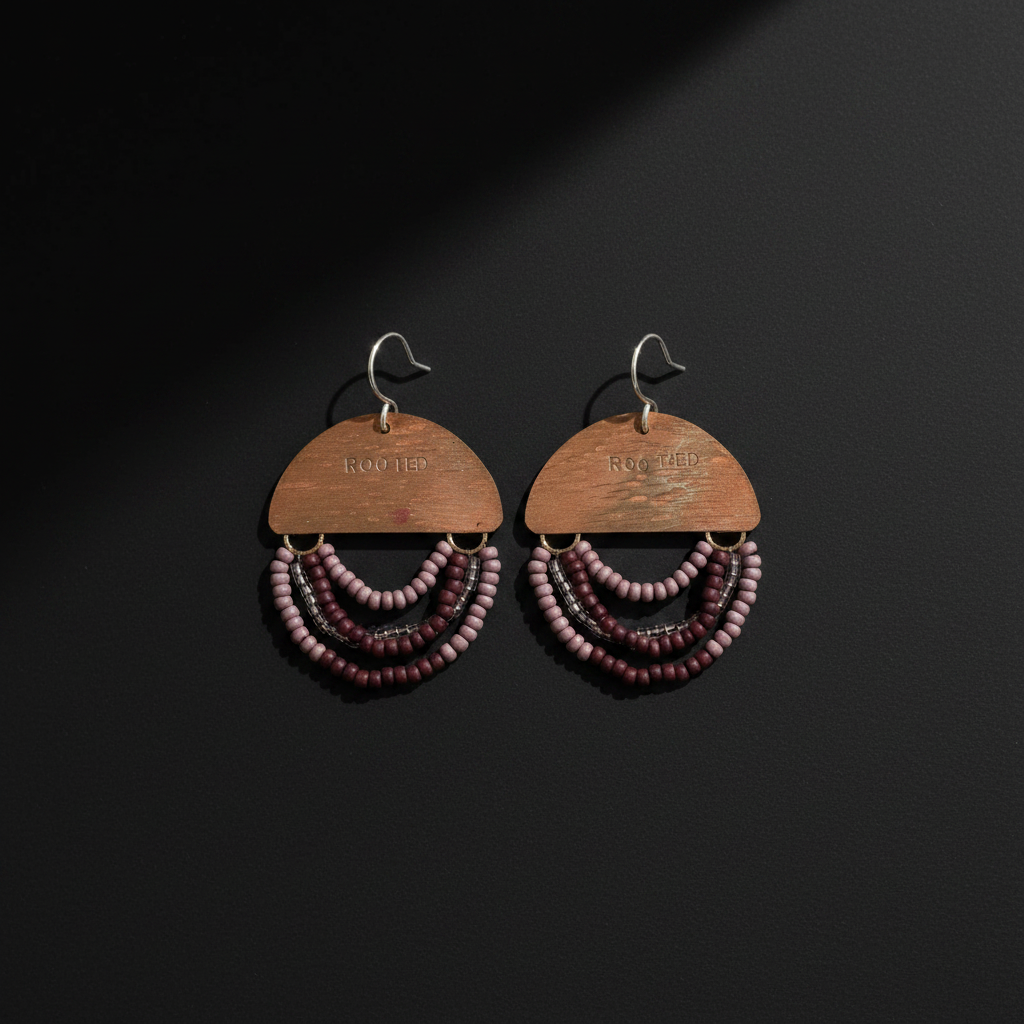 A pair of handmade dangle earrings on a dark background. Each earring features a semi-circular wooden top piece engraved with 'LOVE IS' and three cascading strands of small beads in shades of burgundy, purple, and dark brown, suspended from silver-tone fishhook wires.