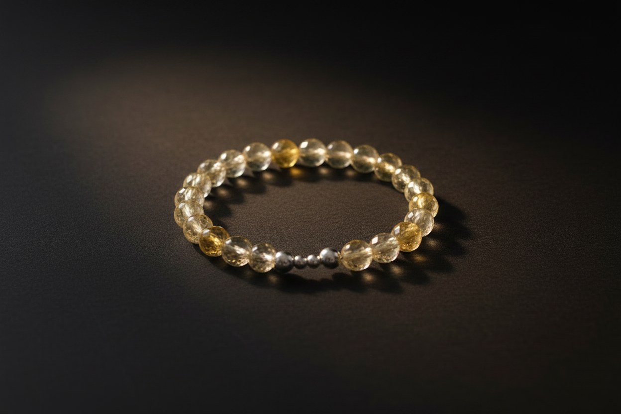 A beaded stretch bracelet made of faceted clear and golden-yellow beads with a small silver spacer, photographed on a dark black background.