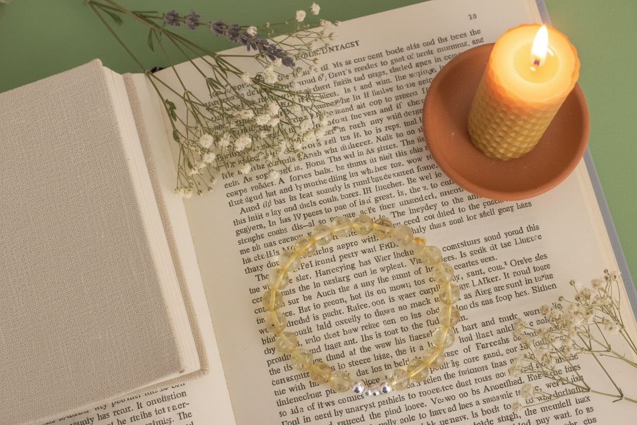 Open book with a ring on top, surrounded by flowers and a lit candle.