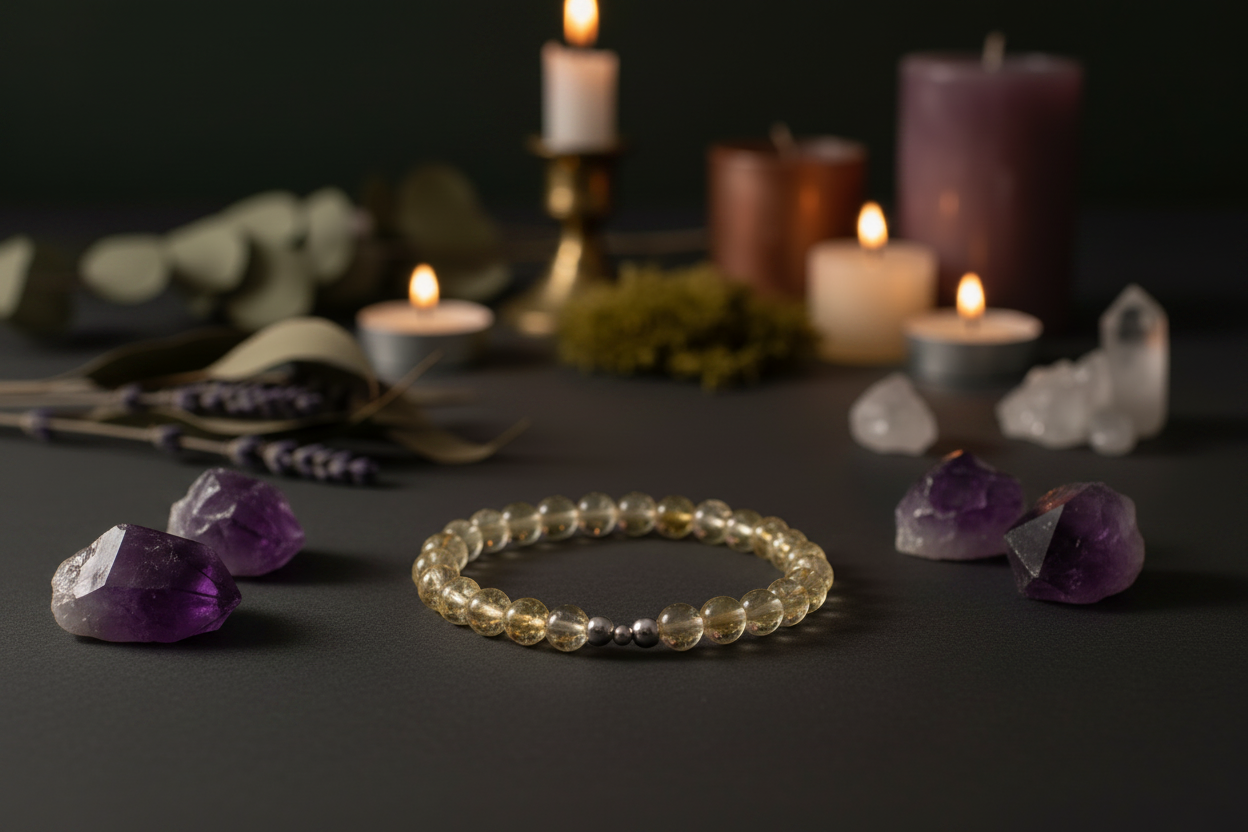 A beaded bracelet made of clear faceted beads with a small dark spacer, displayed on a dark surface surrounded by purple crystals, lavender, and lit candles.
