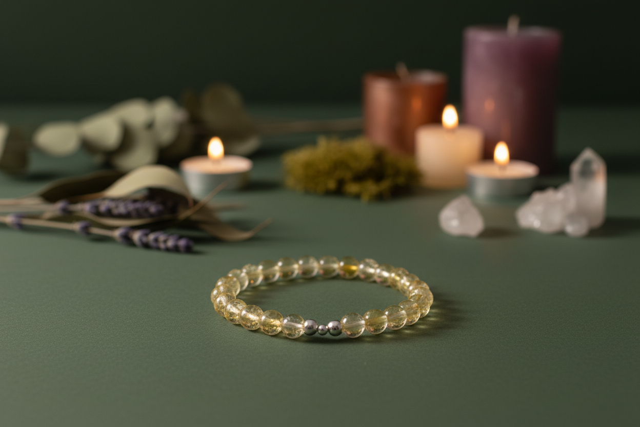 Yellow beaded bracelet on a dark green surface with candles and crystals in the background