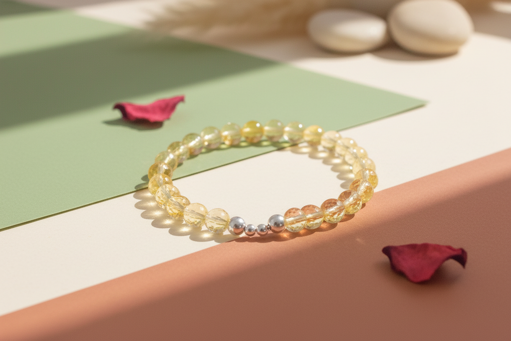 Multicolored beaded bracelet on a flat surface with pink petals and stones in the background