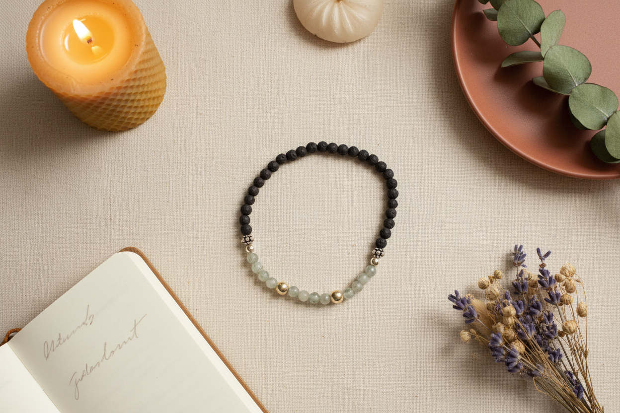 Shadowseer Bracelet by Jewellery by JN, featuring labradorite, volcanic rock, and sterling silver beads, arranged in a flat lay on a neutral background.